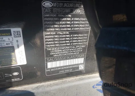 2020 Land Rover Range Rover Supercharged z USA, uszkodzony, nr VIN SALGS5SE9LA570648